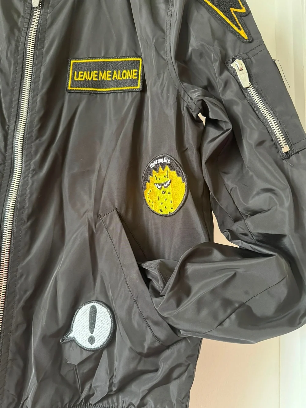 Zara Black Bomber Jacket with Yellow Patch Accents